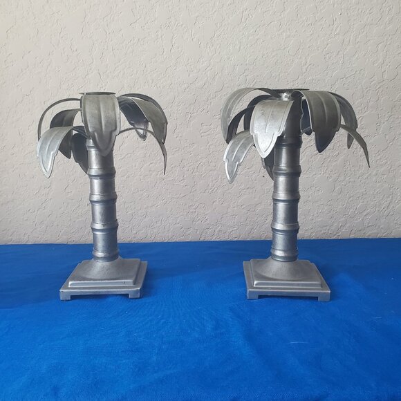 2 VTG Privet House Palms Away Short Galvanized Candle Sticks - Picture 3 of 10